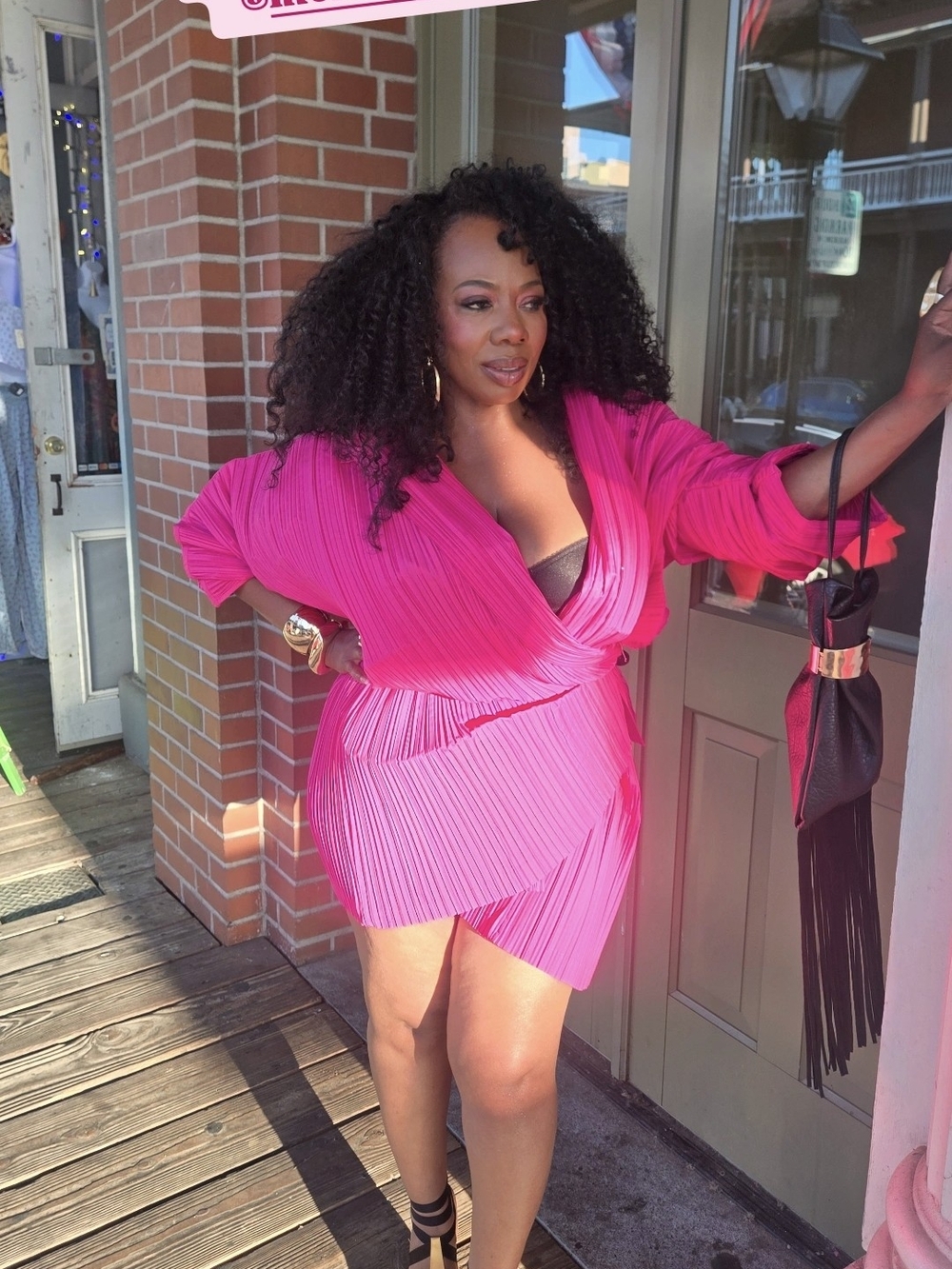 Vintage Hot Pink Pleated Wrap Dress,kimono With Hood - Long Sleeve